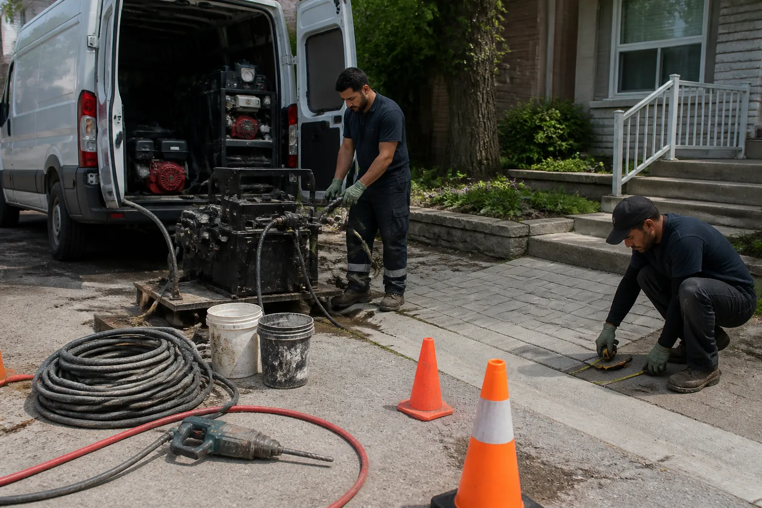 Concrete leveling crew setup work in progress