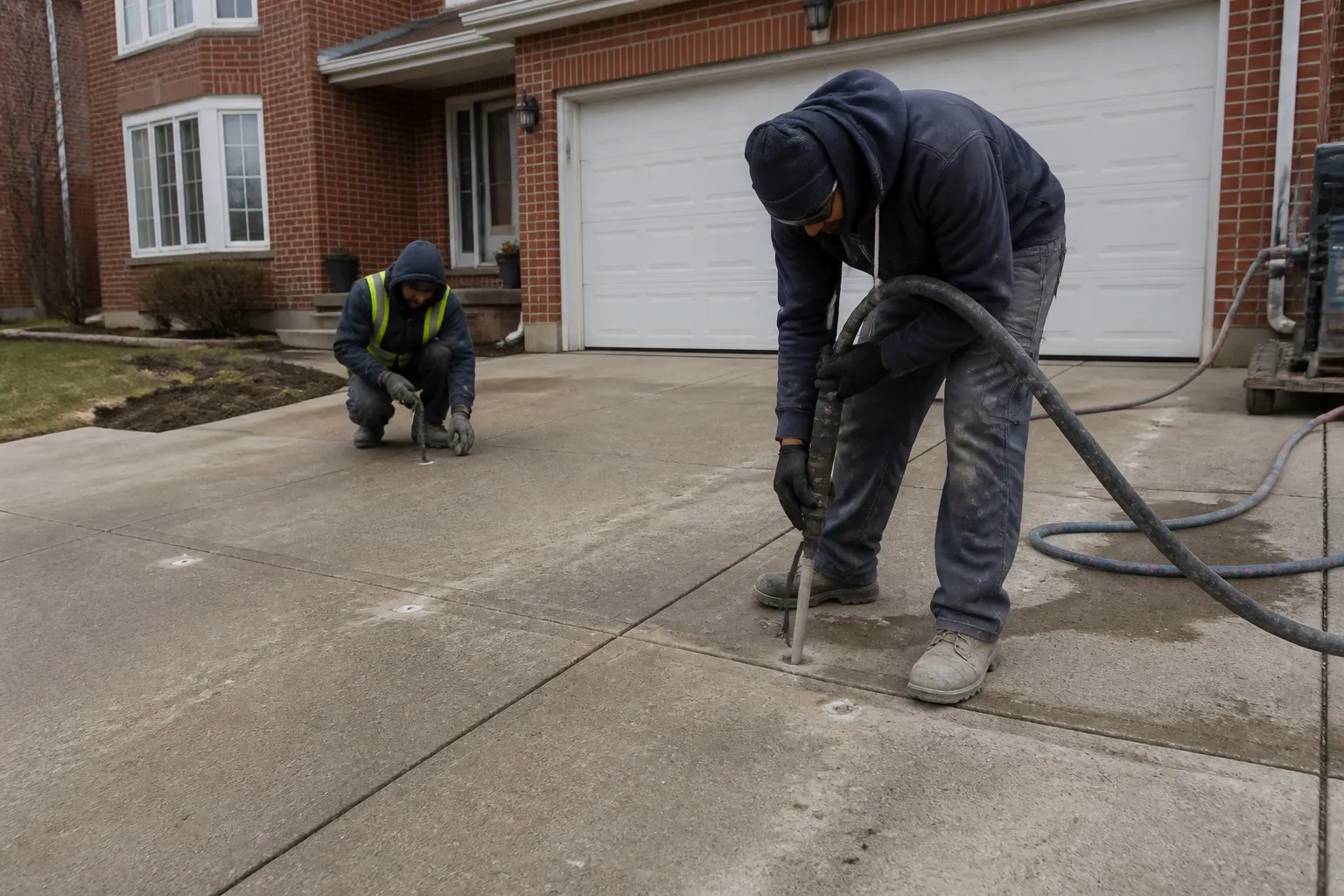 Driveway concrete leveling work in progress